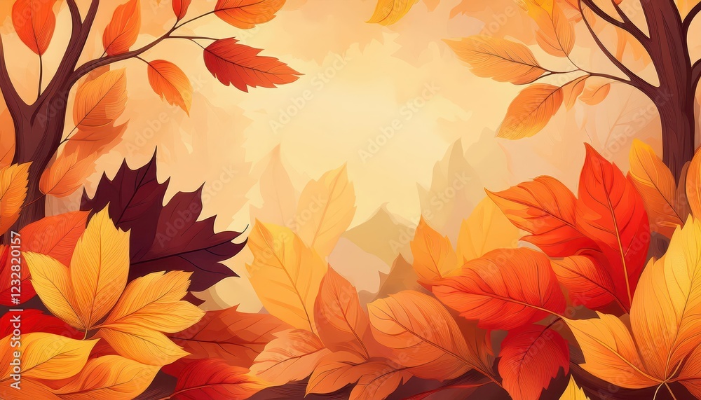 Fototapeta premium Vivid Autumnal Canopy A Blaze of Red, Orange and Gold Leaves Against a Backdrop of Majestic Trees, Illuminating the Forest Floor with Warm Hues in the Twilight.