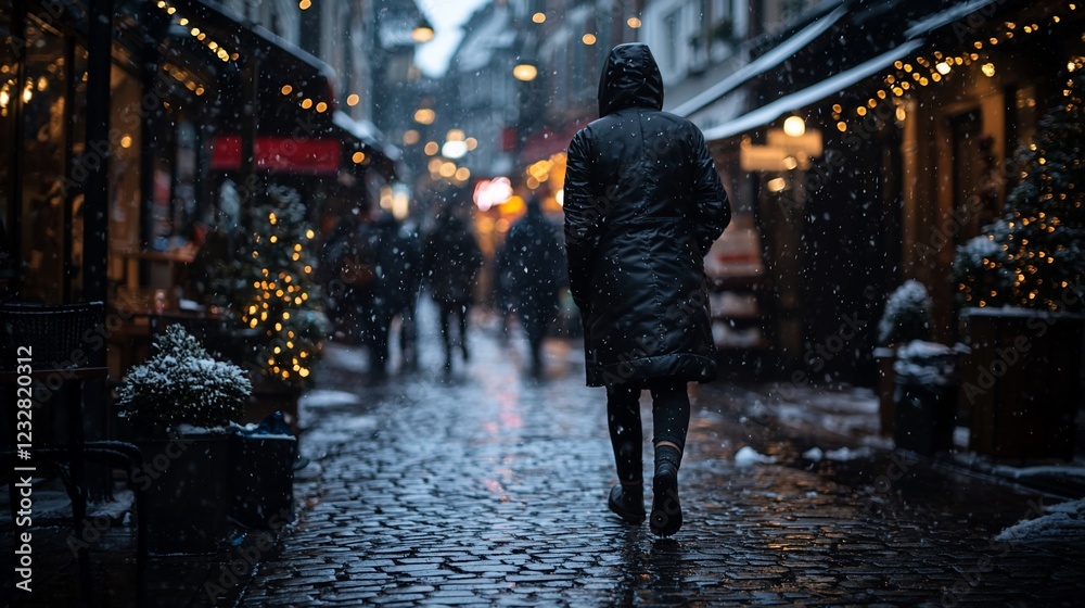 Obraz premium A person walks through a snowy street lined with festive lights and decorations at dusk