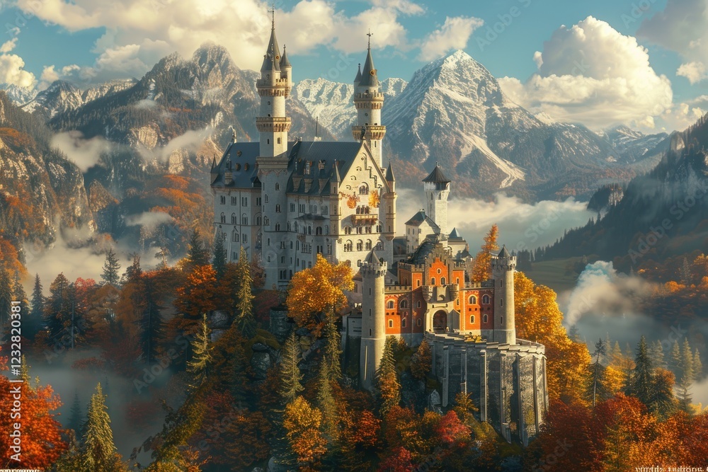 Fototapeta premium A captivating castle perched on a hill amidst colorful autumn trees and misty mountains, creating a magical atmosphere