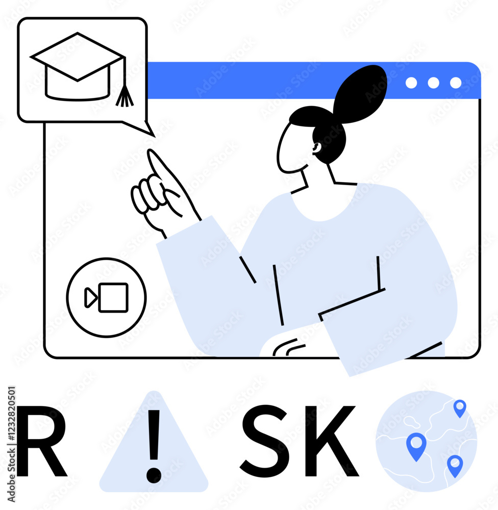 Person interacting online, graduation cap icon, video call icon, and global map. Ideal for education, e-learning, virtual classes, risk management, online meetings global communication digital Person interacting online, graduation cap icon, video call icon, and global map. Ideal for education, e-learning, virtual classes, risk management, online meetings global communication digital