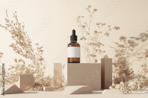 Amber Serum Bottle Mockup: A sleek amber glass bottle with a dropper sits on minimalist beige geometric shapes, surrounded by delicate dried flowers.