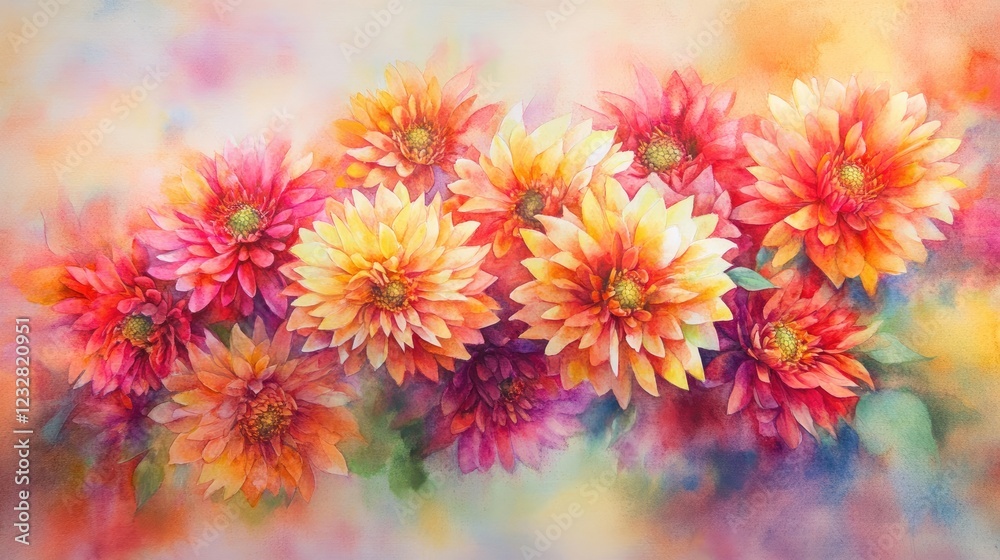 A Watercolor Painting of Vibrant Autumn Dahlias A Watercolor Painting of Vibrant Autumn Dahlias