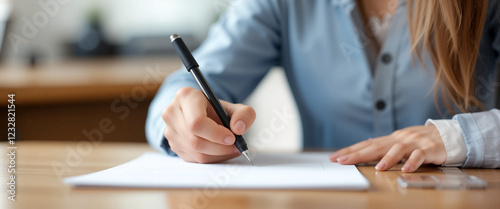 closeup hand photo of young cute woman sitting near a office table, writing and sign an agreement using a pen on paper at office 