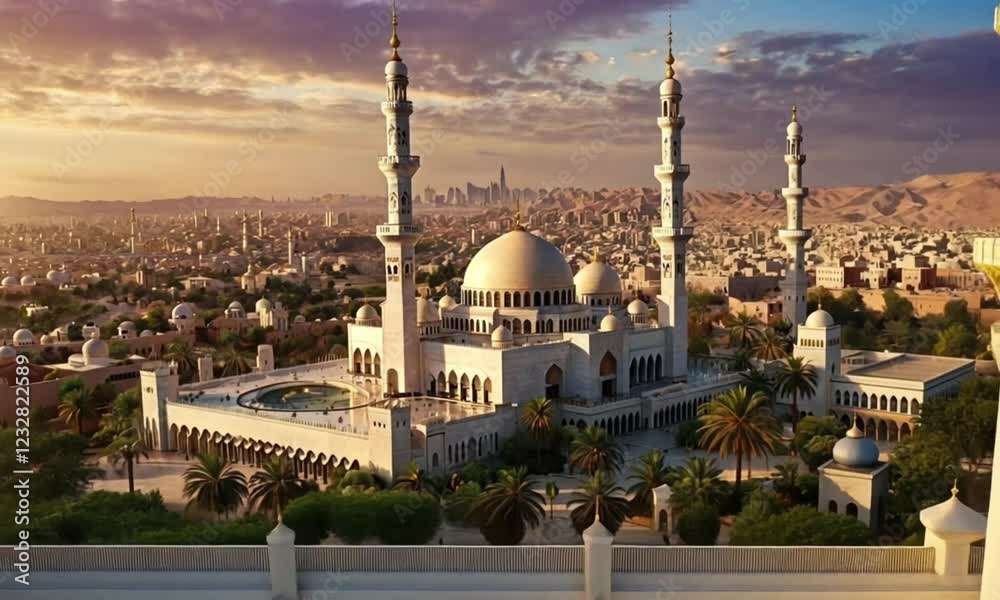 mosque aerial view cinematic shot beautiful Ramadhan sunset sky 