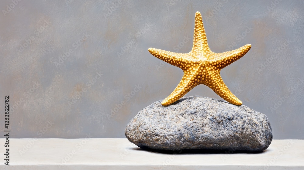 Starfish on a Rock Displaying Natural Beauty - A golden starfish elegantly positioned on a rough stone, set against a soft gray background, highlighting its unique texture and colors. Starfish on a Rock Displaying Natural Beauty - A golden starfish elegantly positioned on a rough stone, set against a soft gray background, highlighting its unique texture and colors.
