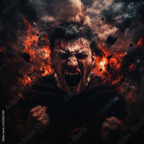 Anger and chaos erupt as a man expresses fury amidst a tumultuous backdrop of fire and destruction. Generative AI