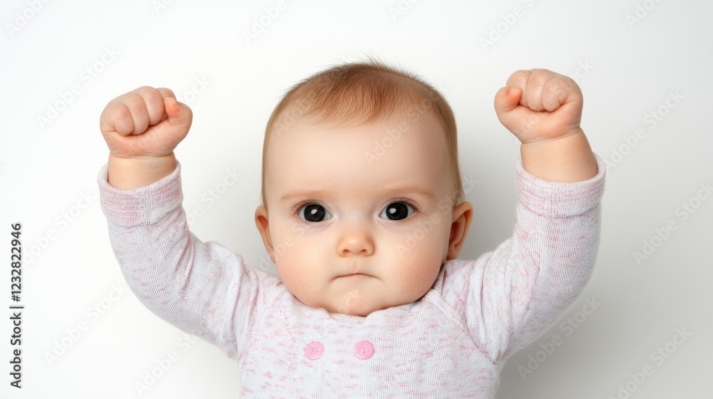 A determined baby raises its tiny fists in adorable defiance, showcasing innocence and strength, with a soft expression of curiosity. A determined baby raises its tiny fists in adorable defiance, showcasing innocence and strength, with a soft expression of curiosity.