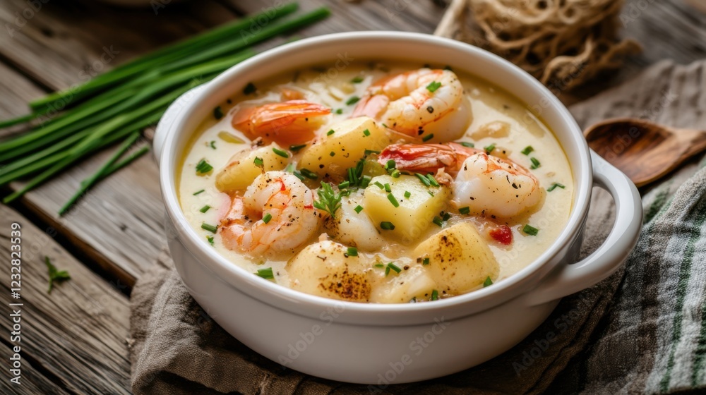 A savory and rich seafood chowder with chunks of shrimp, scallops, and potatoes A savory and rich seafood chowder with chunks of shrimp, scallops, and potatoes