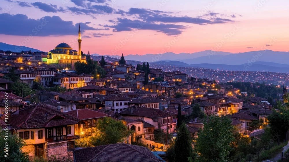 Naklejka premium Sunset over a Hilltop Town with Mosque and Houses