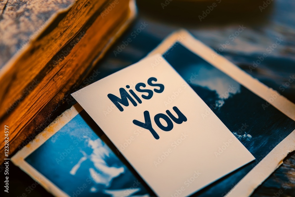 Nostalgic Message with Photos and Book on Wooden Table Surface