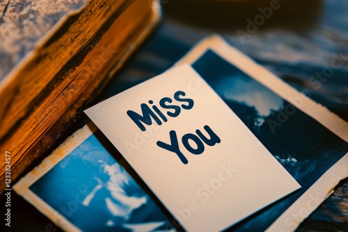 Obraz na płótnie Nostalgic Message with Photos and Book on Wooden Table Surface w salonie
