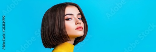 Young Woman With Straight Shoulder Length Hairstyle Against Blue Background - Young woman with straight shoulder-length hairstyle dressed in yellow top against blue background showcasing elegance conf photo