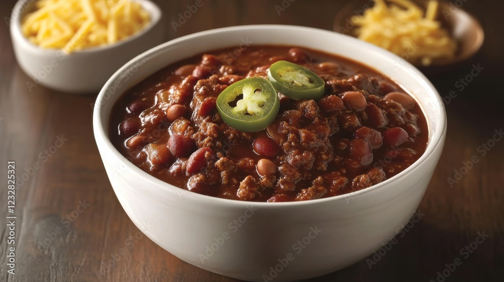 A savory and satisfying chili con carne with tender beef, beans, and a blend of spices A savory and satisfying chili con carne with tender beef, beans, and a blend of spices