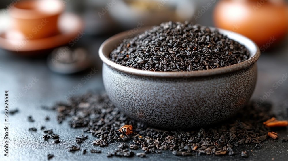 Loose leaf black tea in bowl, tea ceremony, dark background, food photography Loose leaf black tea in bowl, tea ceremony, dark background, food photography