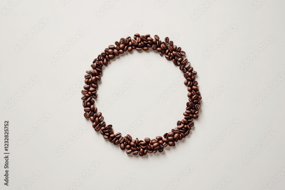 Circular arrangement of coffee beans on a white background with copy space image Circular arrangement of coffee beans on a white background with copy space image