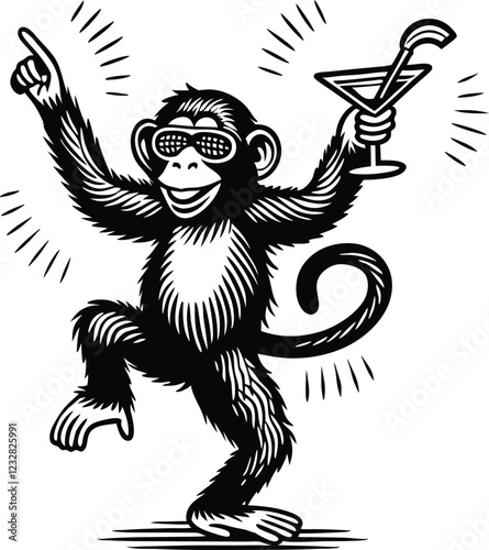 A cheerful dancing smart monkey with a glass of alcoholic drink in his hand transparent background vector with a twisted trunk and lush foliage, symbolizing art sketch engraving ink poster 