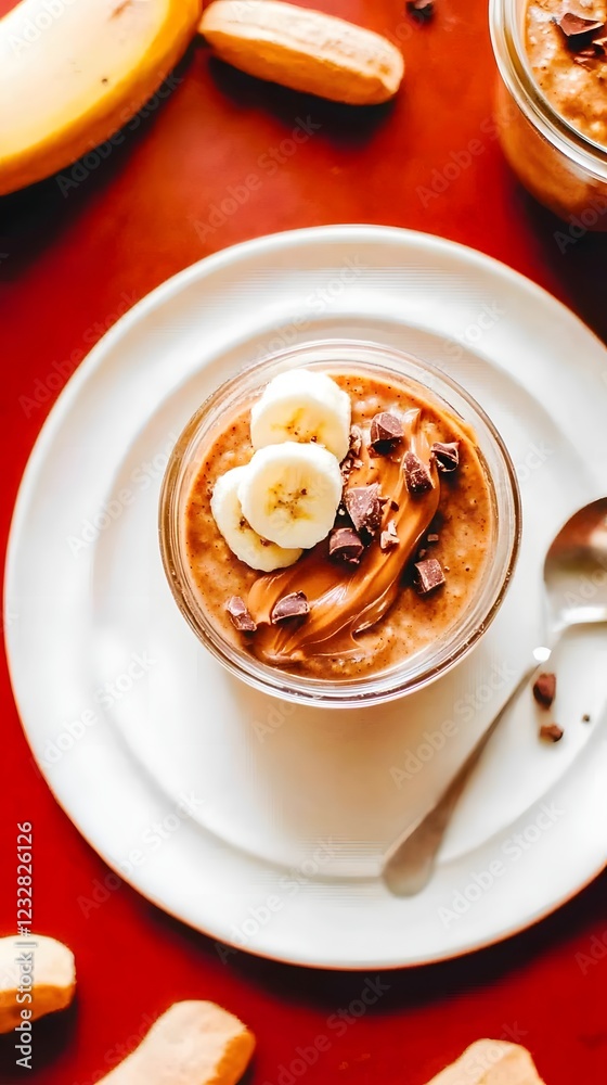 Decadent Banana Peanut Butter Pudding: A rich and creamy banana peanut butter pudding, garnished with fresh banana slices and chocolate chips, sits on a white plate against a vibrant red background. Decadent Banana Peanut Butter Pudding: A rich and creamy banana peanut butter pudding, garnished with fresh banana slices and chocolate chips, sits on a white plate against a vibrant red background.