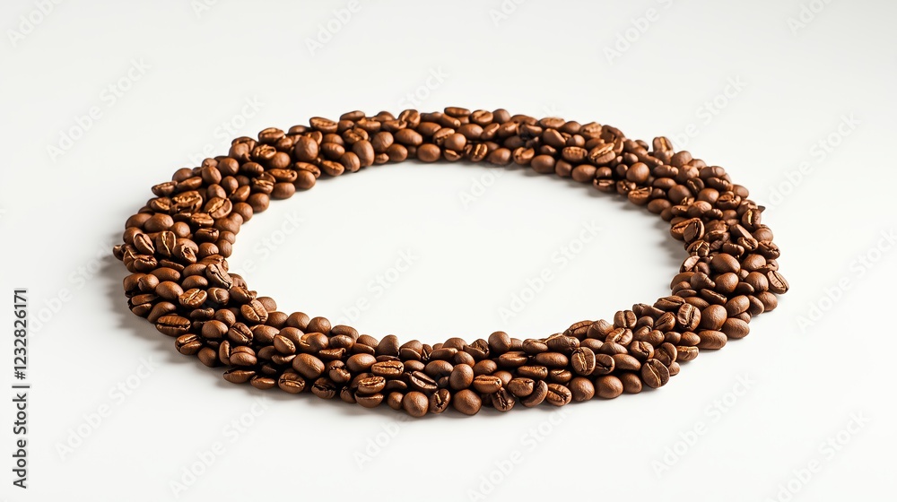 Circular arrangement of coffee beans on a white background with copy space image Circular arrangement of coffee beans on a white background with copy space image