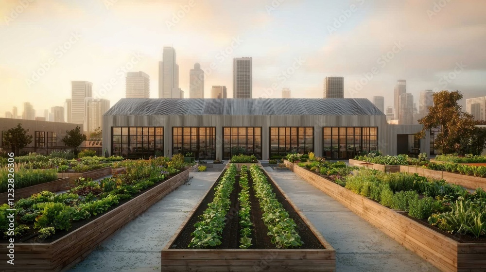 A modern greenhouse surrounded by lush gardens, set against a city skyline at sunset, blending urban life with nature. A modern greenhouse surrounded by lush gardens, set against a city skyline at sunset, blending urban life with nature.