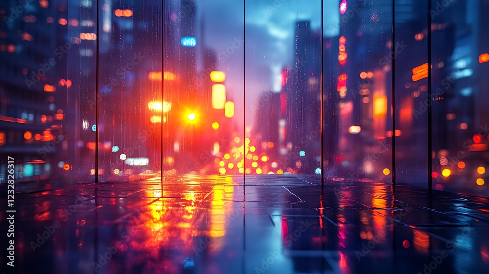 Fototapeta premium Rainy night city view from glass building