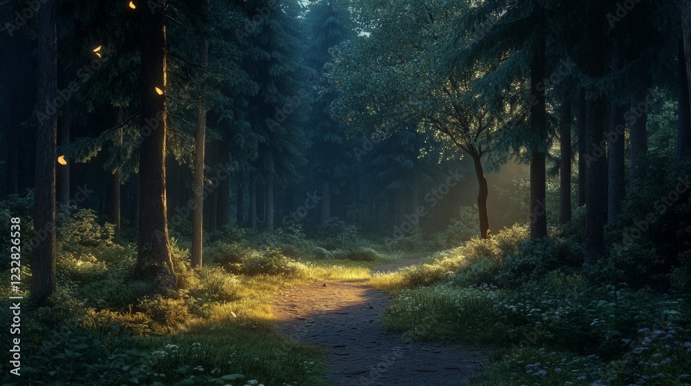 Obraz premium Serene Forest Pathway with Soft Light Filtering Through Trees