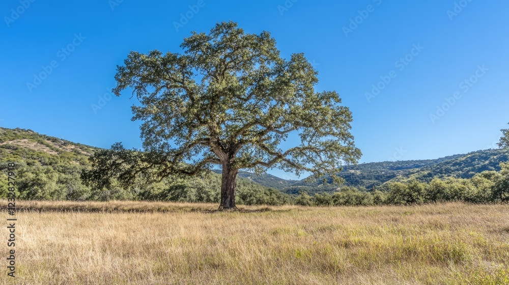 Majestic Oak Tree in a Sunny Grassy Meadow Majestic Oak Tree in a Sunny Grassy Meadow