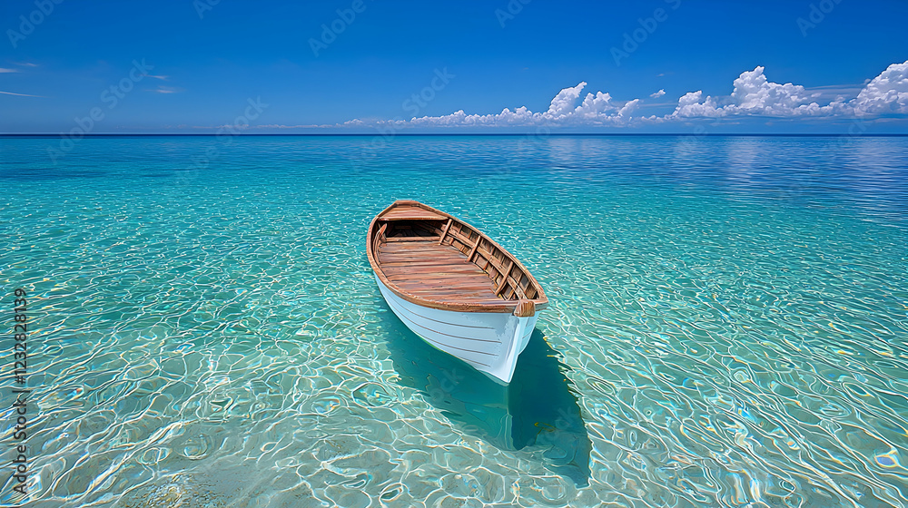 Tranquil boat in crystal-clear sea, sunny sky, vacation Tranquil boat in crystal-clear sea, sunny sky, vacation