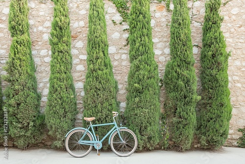 A light blue vintage bicycle is leaning against the wall of green thujas photo