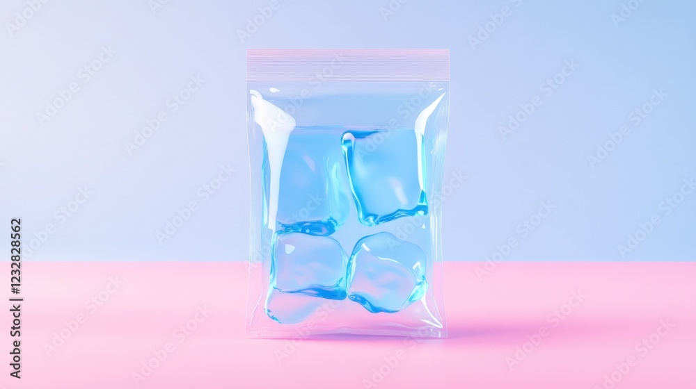 transparent plastic bag with blue liquid on pink and purple background transparent plastic bag with blue liquid on pink and purple background