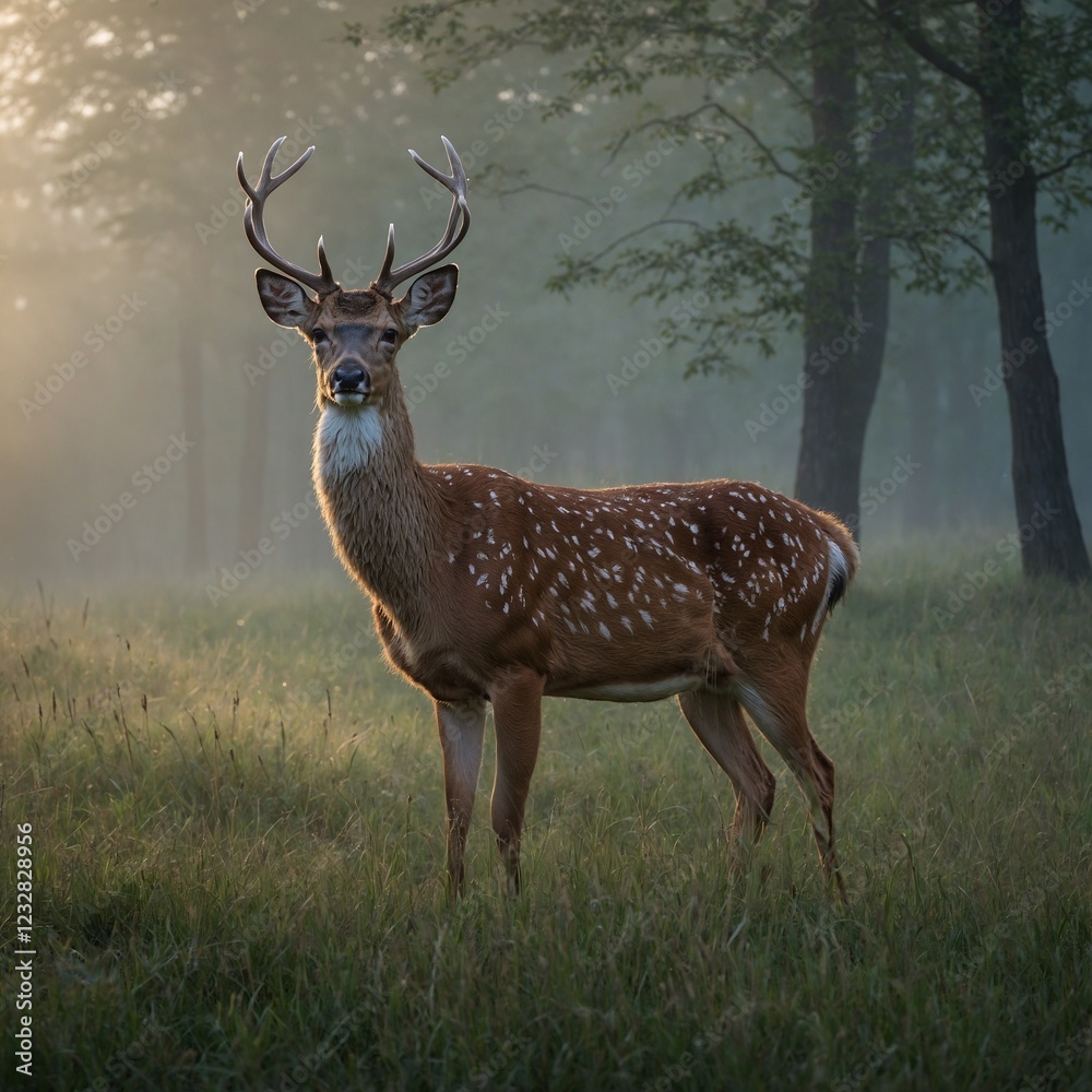A majestic elk standing in the misty morning light of a serene mountain meadow.a deer standing in the woods with its antlers on.A majestic stag with large antlers standing tall in a misty field at A majestic elk standing in the misty morning light of a serene mountain meadow.a deer standing in the woods with its antlers on.A majestic stag with large antlers standing tall in a misty field at