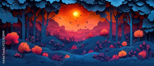 Enchanted Forest Landscape with Vibrant Paper Cut Art Design
