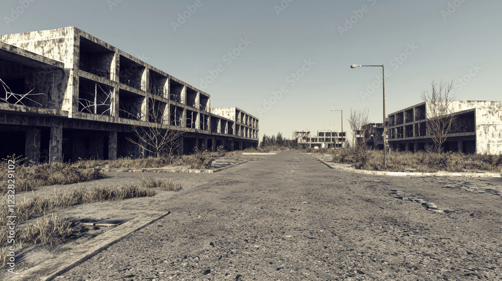 Obraz premium Desolate urban street with abandoned buildings and overgrown vegetation