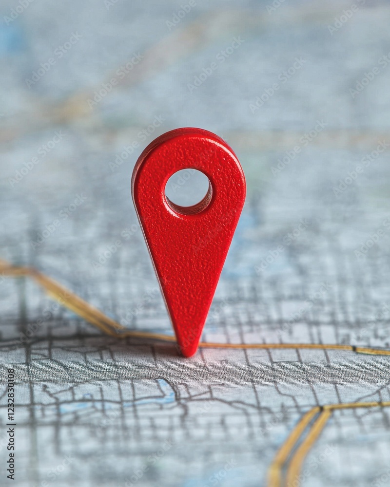 A red location pin stands prominently on a detailed map, symbolizing navigation and pinpointing a specific place. A red location pin stands prominently on a detailed map, symbolizing navigation and pinpointing a specific place.
