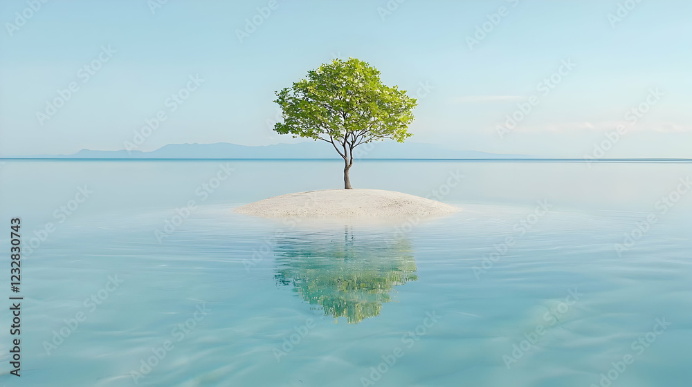 Solitary tree on tiny island, calm sea, distant mountains, peaceful nature scene, perfect for meditation Solitary tree on tiny island, calm sea, distant mountains, peaceful nature scene, perfect for meditation