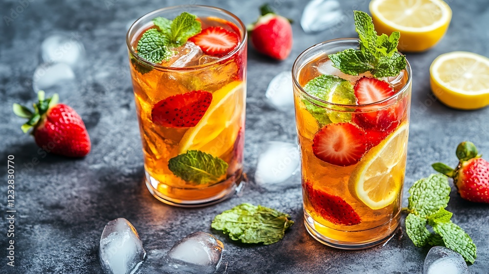 Strawberry lemonade with mint and ice on a dark background Strawberry lemonade with mint and ice on a dark background