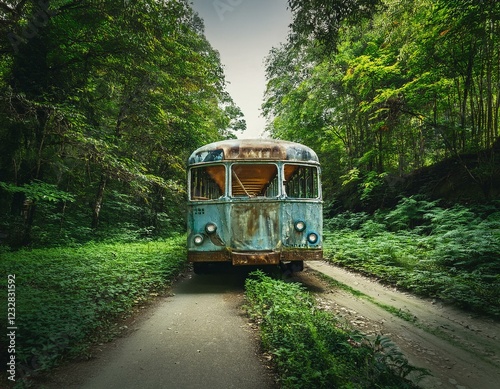 Autobus abandonado el bosque, cubierto de malezaen medio de un camino rural
