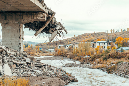 destroyed bridge with broken concrete sections over river, surrounded by autumn foliage and abandoned buildings, evokes sense of desolation