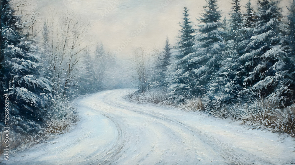 Winter Wonderland: A Snow Covered Road Winding Through a Frozen Forest Winter Wonderland: A Snow Covered Road Winding Through a Frozen Forest