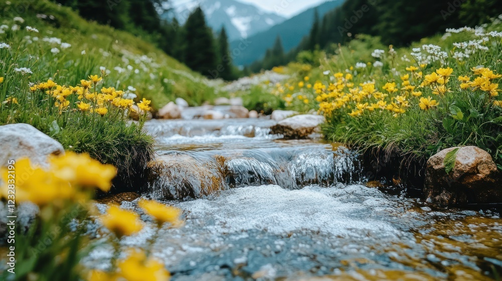 Mountain stream flows through wildflowers. Background mountains. Nature scene