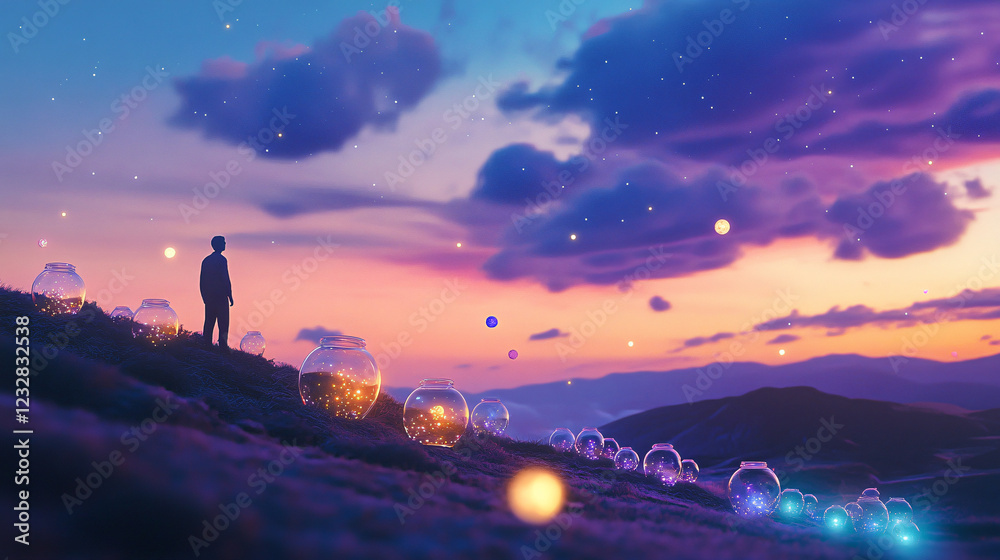Man Contemplating Illuminated Jars on a Hilltop at Sunset Man Contemplating Illuminated Jars on a Hilltop at Sunset