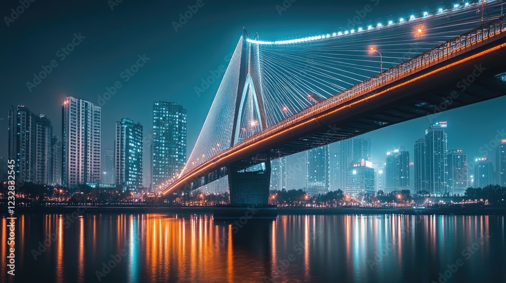 Naklejka premium Illuminated Bridge Spanning Cityscape at Night