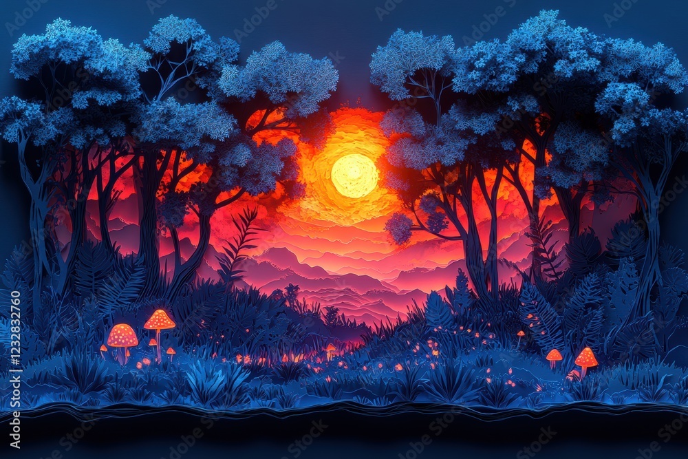 Fototapeta premium Enchanted Forest Scene with Vibrant Sunset Paper Cut Art