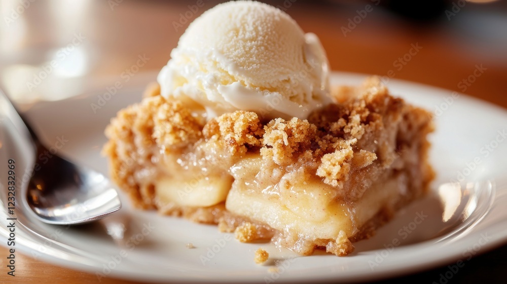 Slice of apple crumble pie on a white plate with a scoop of vanilla ice cream on top. the pie has a golden brown crumbly topping with chunks of apples scattered throughout. Slice of apple crumble pie on a white plate with a scoop of vanilla ice cream on top. the pie has a golden brown crumbly topping with chunks of apples scattered throughout.