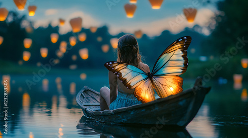 Fototapeta Naklejka Na Ścianę i Meble -  Serene Evening: Woman with Butterfly Wings in a Boat