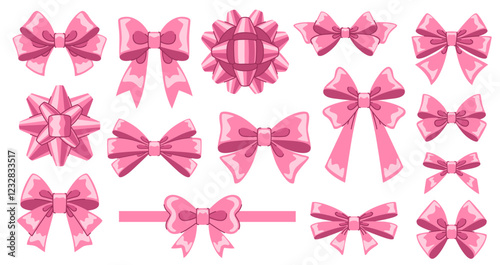 Romantic cartoon bows set. Girly pink tied bows for party decoration and packaging. Shiny beautiful decorations for Valentine's day and other holidays.