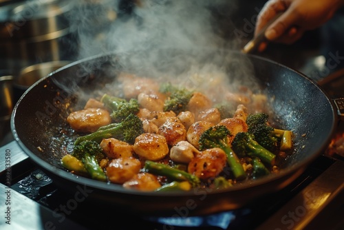 Cooking chicken stir fry with vegetables and flames in a kitchen