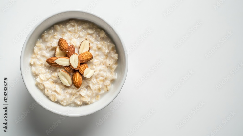 A simple bowl of freshly made oatmeal topped with a few sliced almonds, served in a plain white ceramic bowl, Oatmeal centered