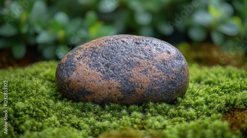 Smooth stone resting on vibrant green moss in a serene natural setting
