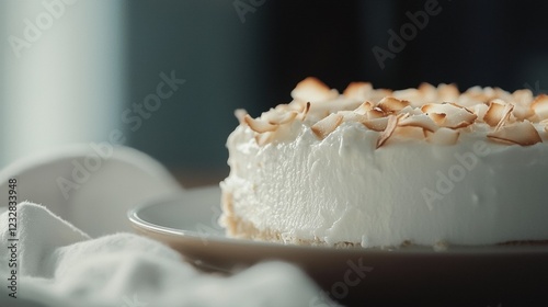 Close-up of a dessert on a white plate. the dessert appears to be a round cake with a layer of white frosting on top. the frosting is drizzled with toasted coconut flakes, giving it a crunchy texture.