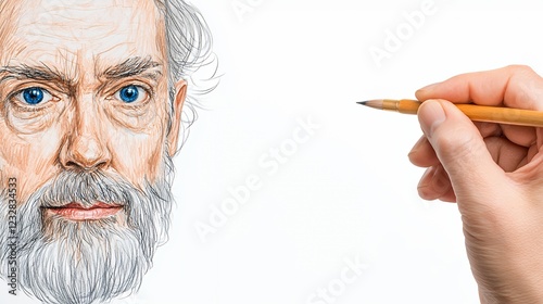 A Masterful Pointillist Portrait: An Artist's Hand Creates a Detailed Drawing of a Bearded Man photo